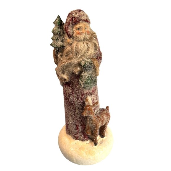 Vintage Santa Claus Figurine With Tree & Reindeer Glitter Finish 13" Tall Holida - Picture 2 of 8